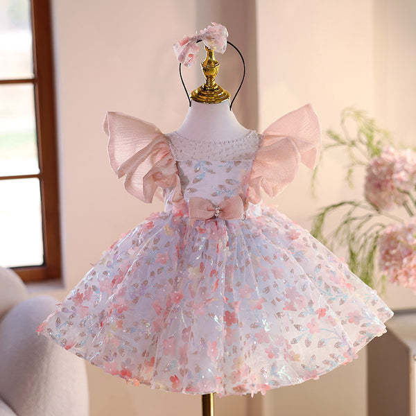 Pink Tulle 3D Flower Bow Sequins Cap Sleeves Baby Girl Princess Birthday Dress