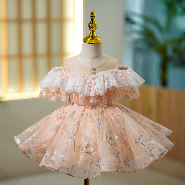 Pink Lace Embroidery Tulle Sleeveless Sequin Flower Baby Princess Birthday Dress