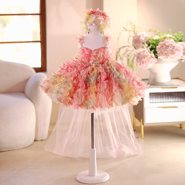 Pink 3D Flower Tulle Sleeveless Knee-length Princess Birthday Dress