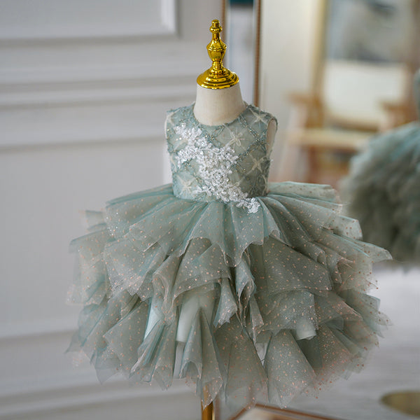 Sage Green Lace Embroidery Tulle Sleeveless Cake Baby Princess Birthday Dress