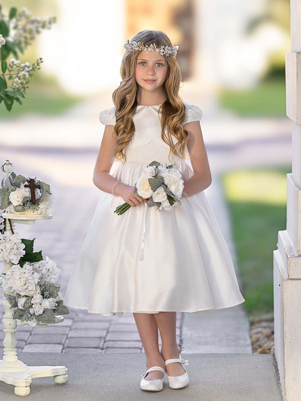 Satin Lace Short Sleeve Tea-length Communion Dress