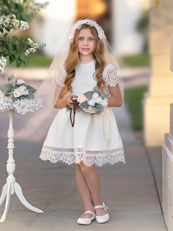 Veil Long Short Sleeve Lace Bow Knee-length First Communion Dress